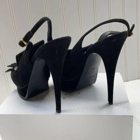 Yves Saint Laurent Black Suede Fringe Chain Open Toe Slingback Stiletto Heel 8.5 - Picture 7 of 8